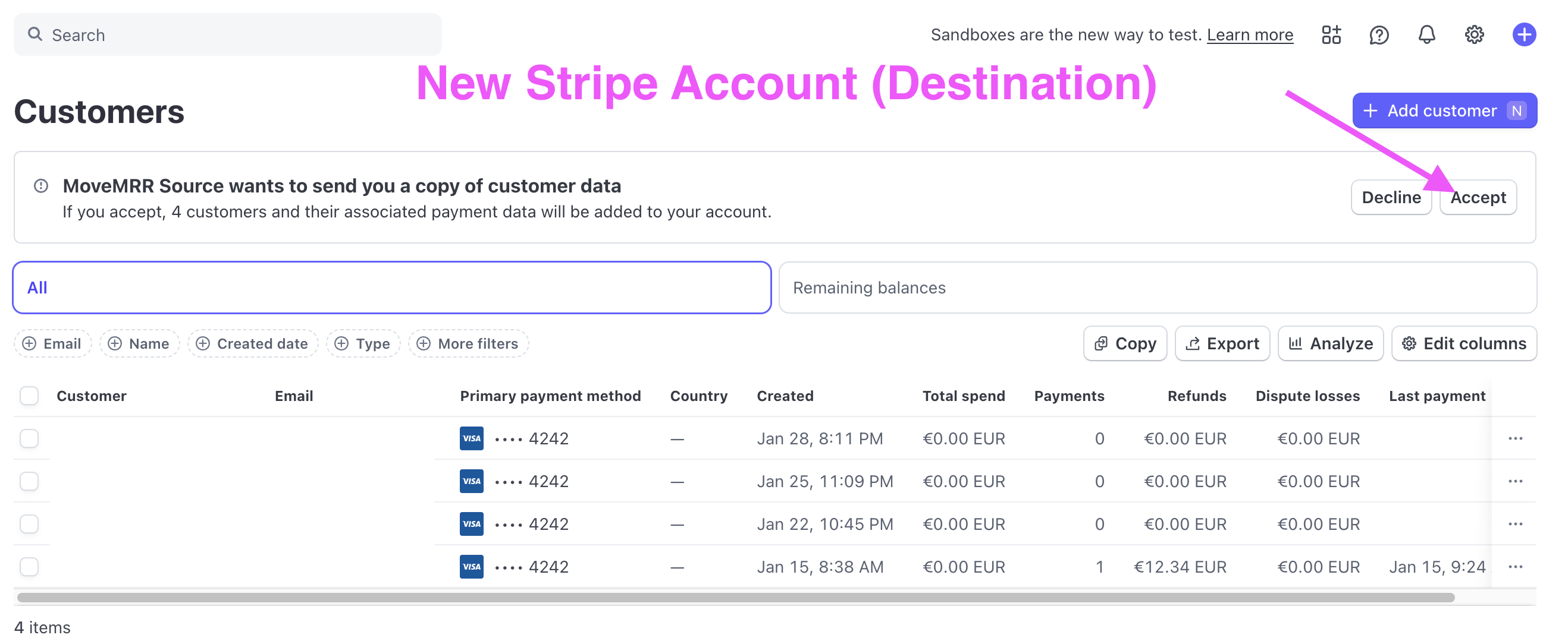 Stripe destination accept copy